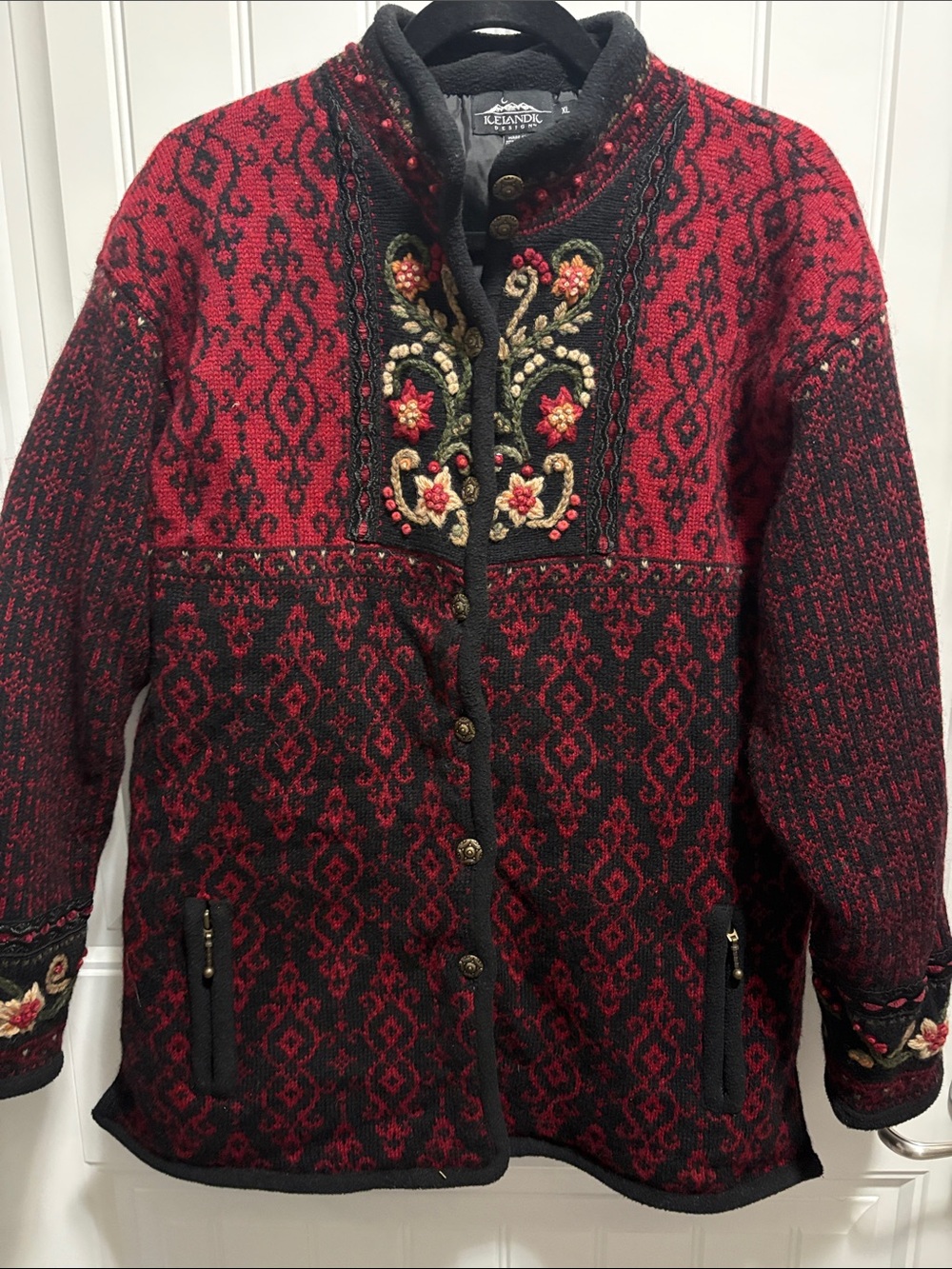 Vintage Icelandic Design 100% Wool Embroidered Jacket XL 2002 Nordic